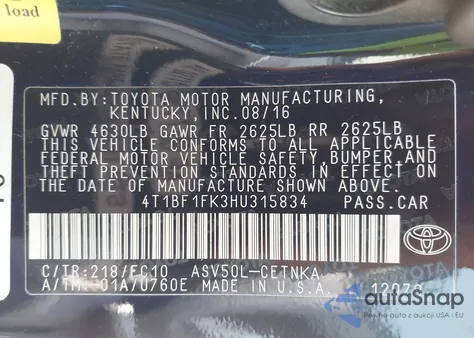 2017 Toyota Camry Le from USA, damaged, VIN 4T1BF1FK3HU315834